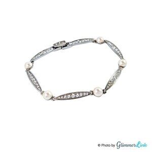 Vintage Monet Faux Pearls Clear Crystals Silver Tone Links Bracelet